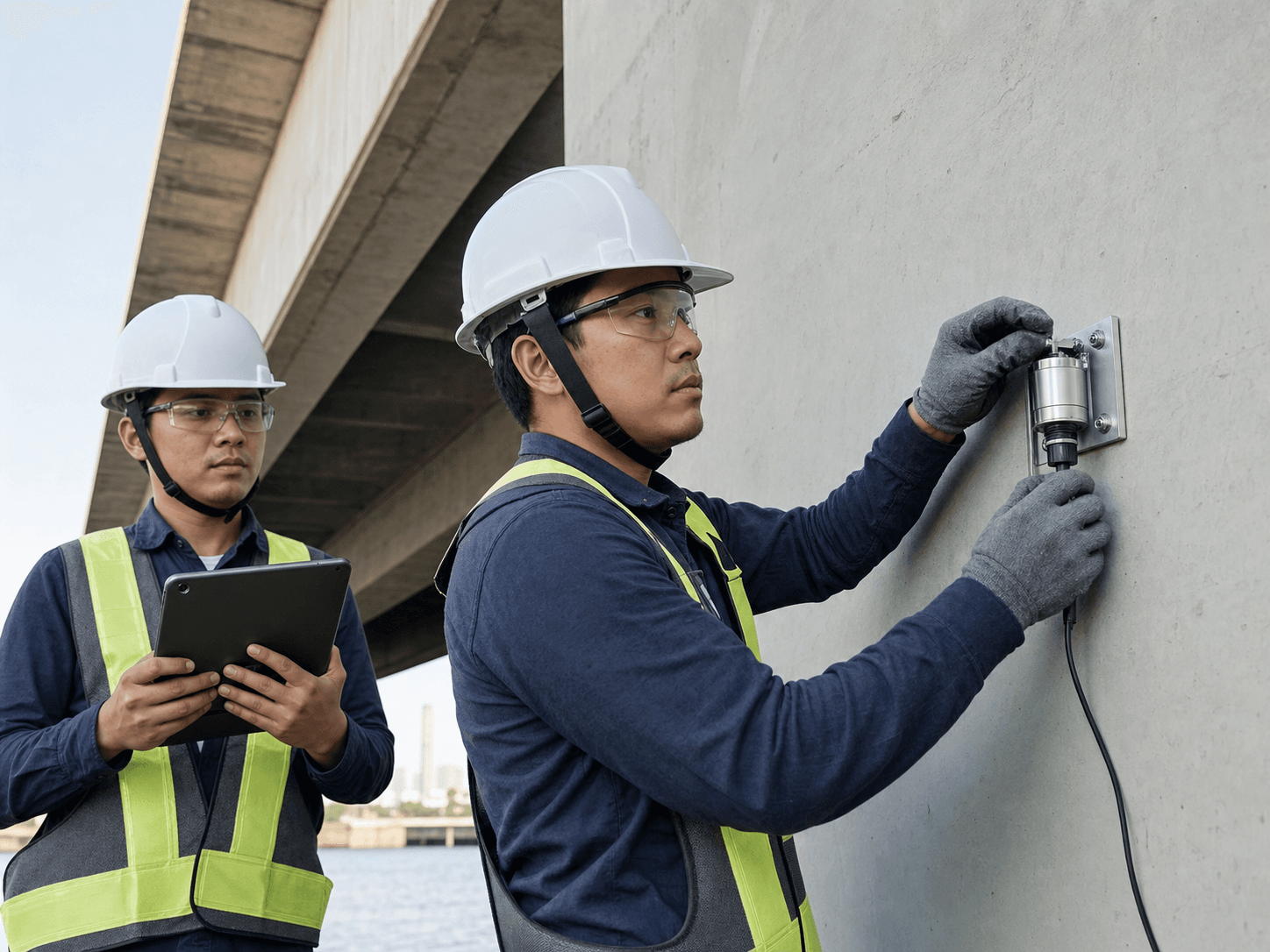 Perangkat monitoring struktur pada elemen konstruksi.