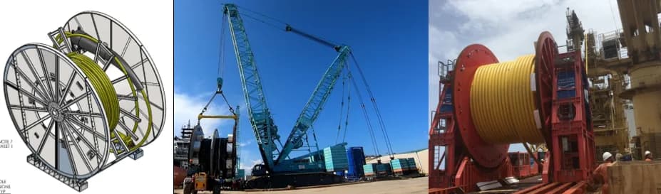 Ilustrasi 3D umbilical reel, reel saat diangkat crane SL6000, dan posisi reel di atas installation vessel